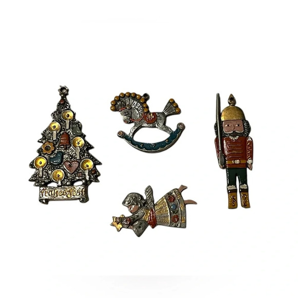 Vintage KUHN ZINN FROHES FEST CHRISTMAS ORNAMENTS Painted Pewter Germany Set 4 - Picture 1 of 9